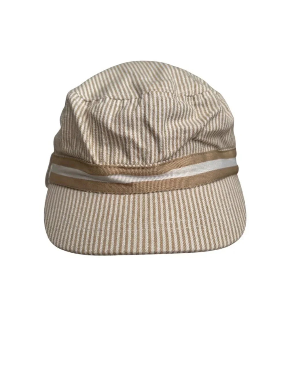 Striped Beige Cotton Blend Cap With  Band & White Ribbon Trim OSFM